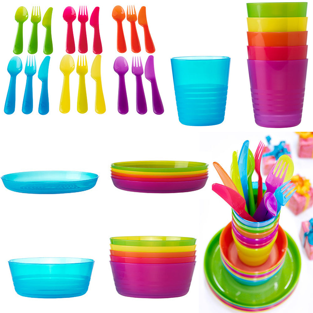 IKEA Children's Kids Plastic Bowls Cups Plates Cutlery Dinner Set Micr