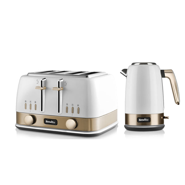 New York Style 4 Slot Toaster & 1.7L Capacity Kettle Set In White & Gold